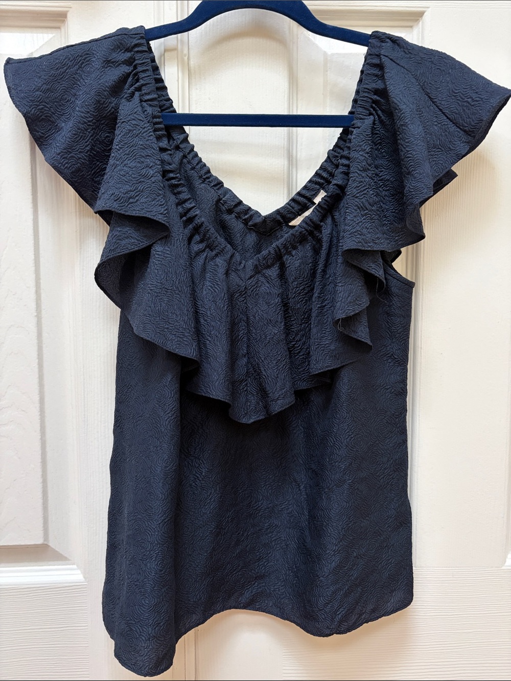 REBECCA TAYLOR silk Ruffled V-Neck Flutter Sleeve Top - Dark Navy